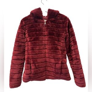 Women’s Red Fuzzy Plush Zip-Up Jacket | Hooded Soft Winter Coat | Size S